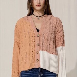 Miss Me Hooded Colorblock Cable Knit Cardigan in Orange, Rust & Cream